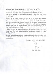 Thư cảm ơn của bệnh nhân gửi Bệnh viện đa khoa Sơn Tây