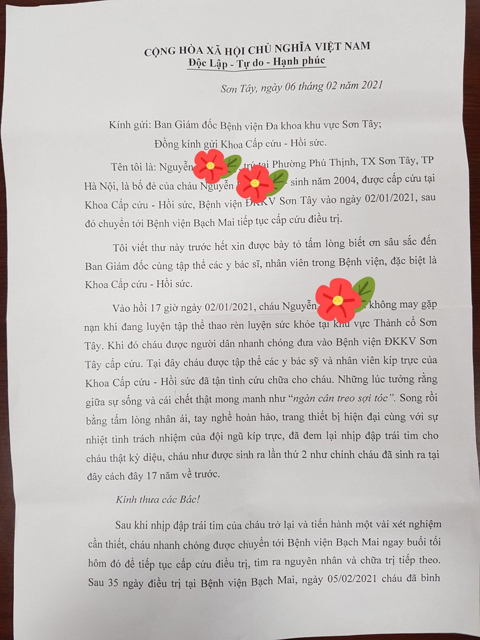 THƯ CẢM ƠN CỦA THÂN NHÂN GIA ĐÌNH BỆNH NHÂN GỬI TỚI BỆNH VIỆN ĐA KHOA SƠN TÂY