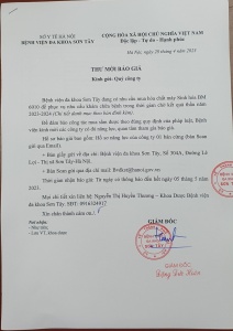 Thư mời báo giá hoá chất máy Sinh hoá BM 6010 phục vụ KCB trong thời gian chờ kết quả thầu 2023-2024