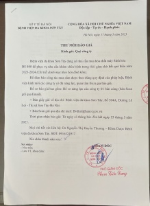 Thư mời báo giá mua hoá chất máy Sinh Hoá BS 800 phục vụ nhu cầu KCB trong thời gian chờ kết quả thầu năm 2023-2024