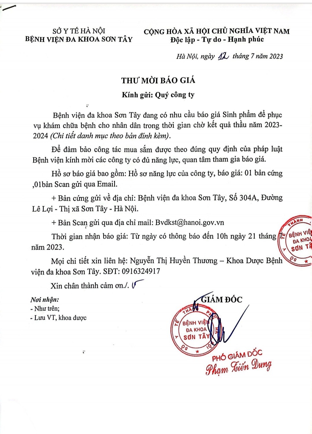 Thư mời báo giá sinh phẩm phục vụ KCB trong thời gian chờ kết quả thầu 2023-2024