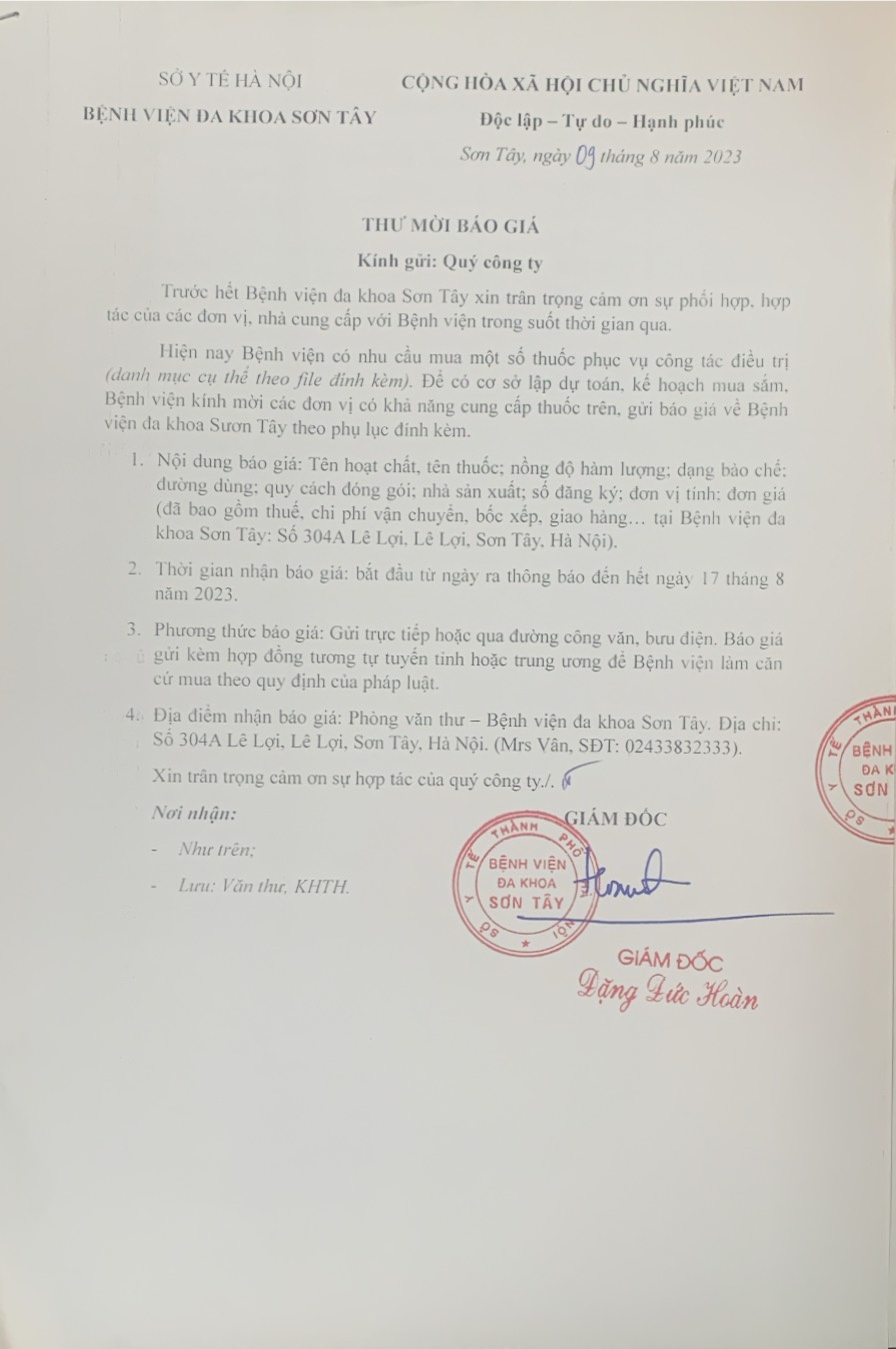 Thư mời báo giá mua thuốc phục vụ công tác điều trị