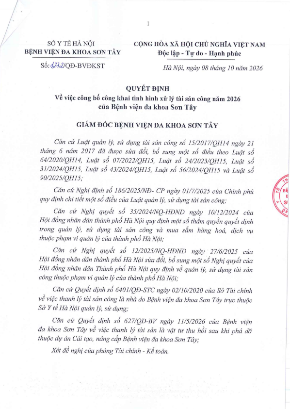 QUYẾT ĐỊNH Về việc công bố công khai tình hình xử lý tài sản công năm 2026 của Bệnh viện đa khoa Sơn Tây